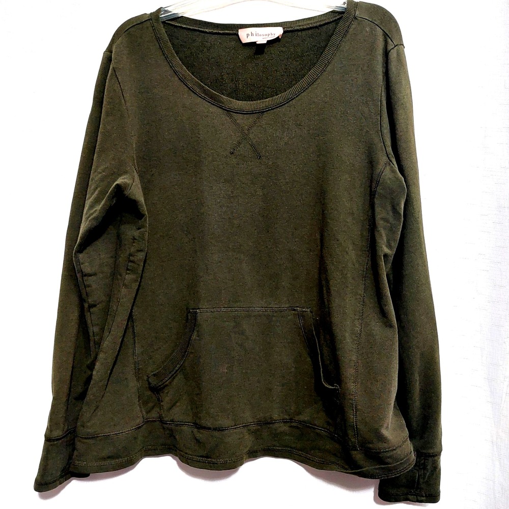 Philosophy Womens Sweatshirt Size Large Dark Green Kangaroo front pocket Stretch